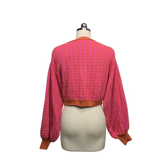 Free People Pink Orange Checkered Cropped Cardigan Sweater Womens Size Medium - Picture 2 of 8